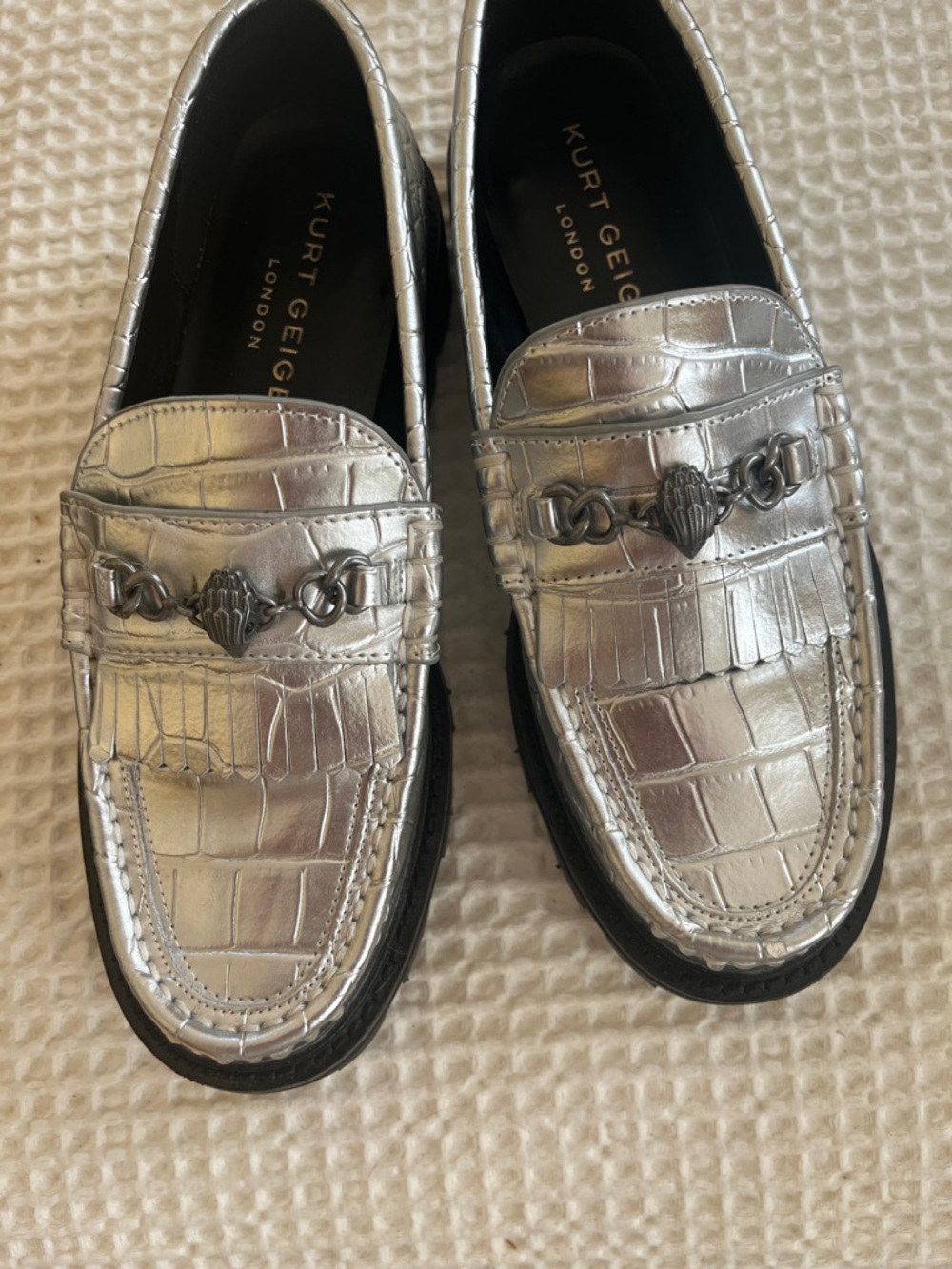 Kurt Geiger Metallic Silver Croc-Embossed Tassel Loafers